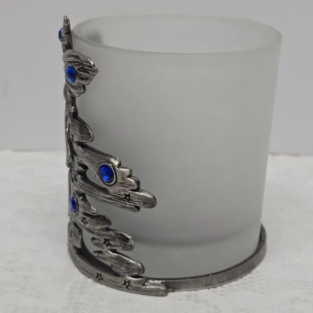 Vintage Silver Metal Fairy Elf Blue Rhinestones Celestial Votive Candle Holder